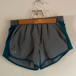 Grey and Teal Under Armour Loose Heatgear Shorts with Underwear Lining Size S